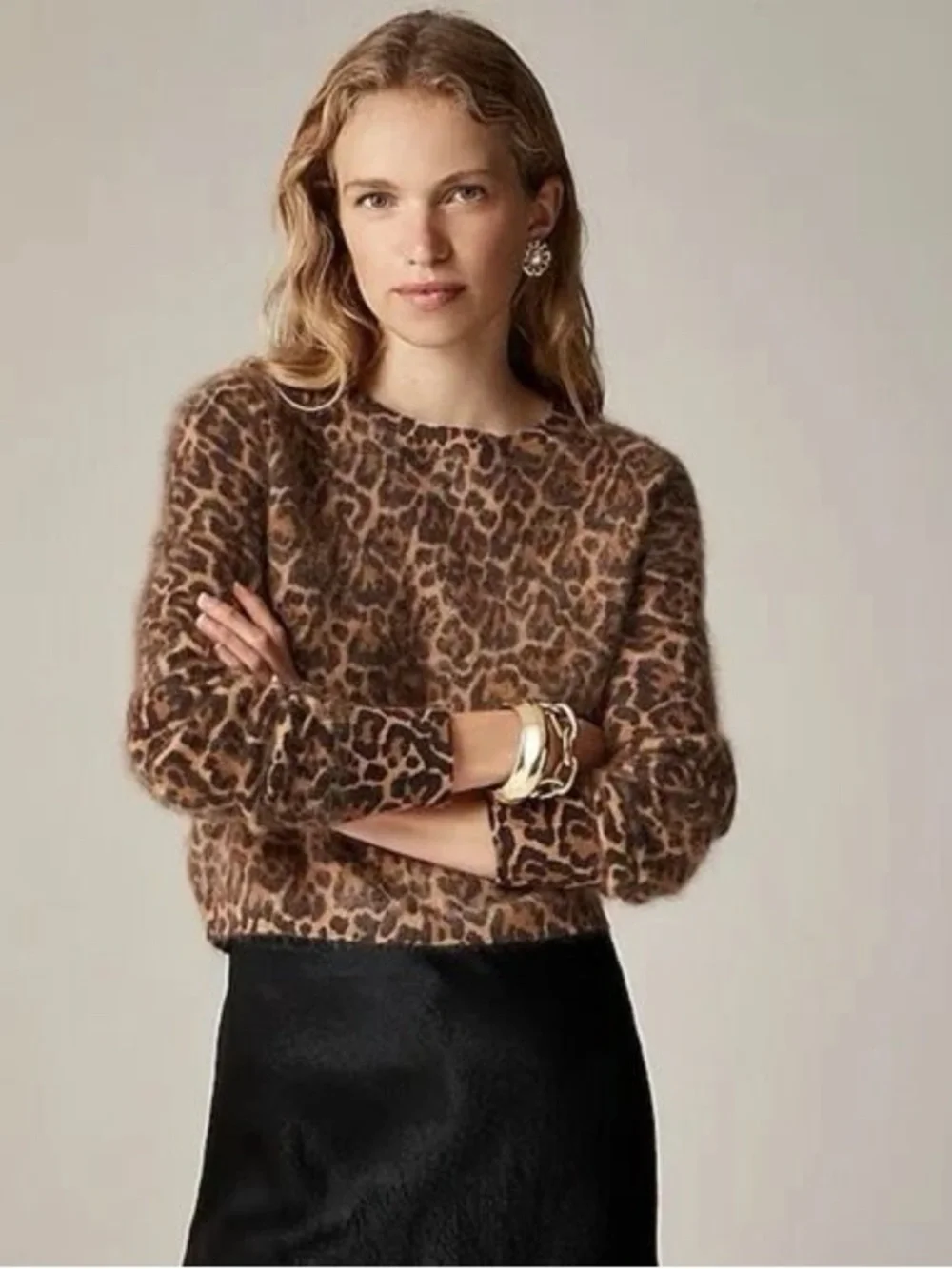 J Crew Brushed Cashmere Shrunken Crewneck Sweater In Leopard Print Medium